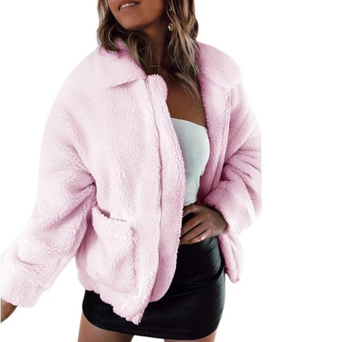Cappotto oversize in finta lana d’agnello, giacca invernale nera calda e pelosa, capospalla autunnale da donna