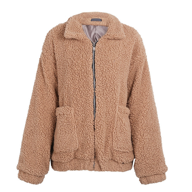 Cappotto oversize in finta lana d’agnello, giacca invernale nera calda e pelosa, capospalla autunnale da donna