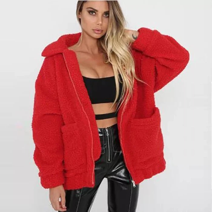 Cappotto oversize in finta lana d’agnello, giacca invernale nera calda e pelosa, capospalla autunnale da donna