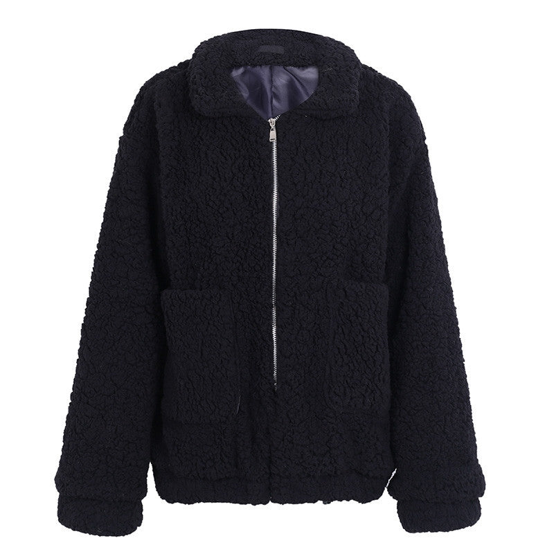 Cappotto oversize in finta lana d’agnello, giacca invernale nera calda e pelosa, capospalla autunnale da donna