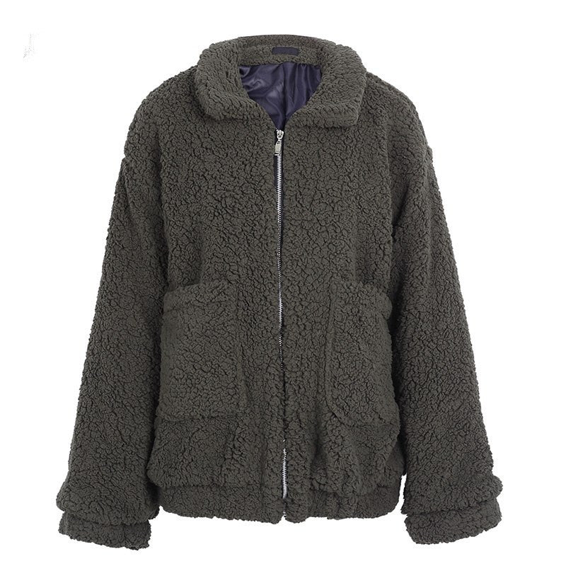 Cappotto oversize in finta lana d’agnello, giacca invernale nera calda e pelosa, capospalla autunnale da donna