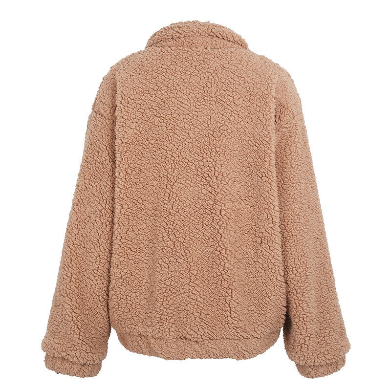 Cappotto oversize in finta lana d’agnello, giacca invernale nera calda e pelosa, capospalla autunnale da donna