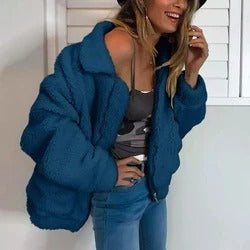 Cappotto oversize in finta lana d’agnello, giacca invernale nera calda e pelosa, capospalla autunnale da donna