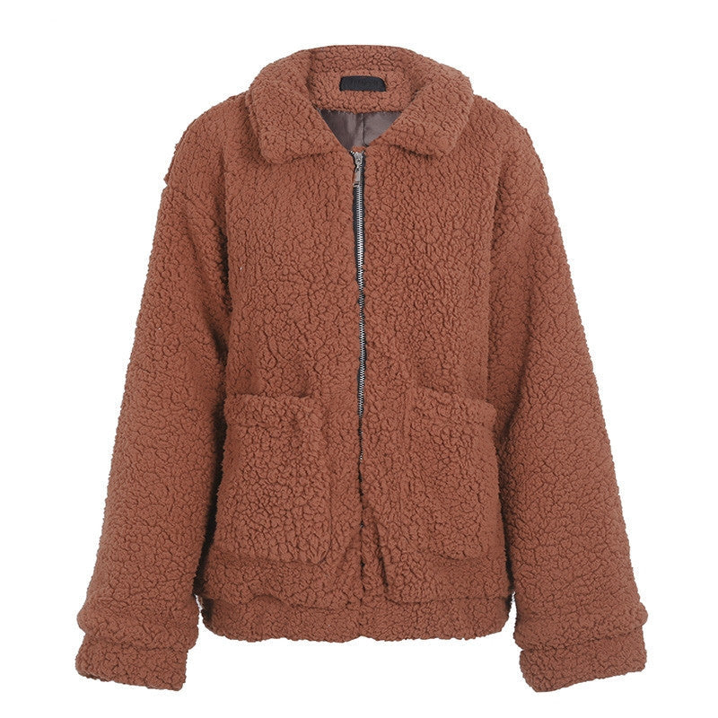 Cappotto oversize in finta lana d’agnello, giacca invernale nera calda e pelosa, capospalla autunnale da donna