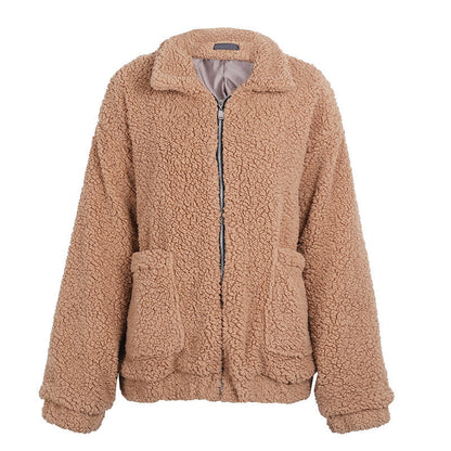 Cappotto oversize in finta lana d’agnello, giacca invernale nera calda e pelosa, capospalla autunnale da donna