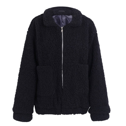 Cappotto oversize in finta lana d’agnello, giacca invernale nera calda e pelosa, capospalla autunnale da donna