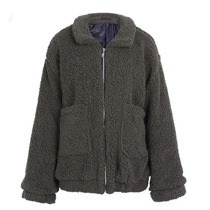 Cappotto oversize in finta lana d’agnello, giacca invernale nera calda e pelosa, capospalla autunnale da donna